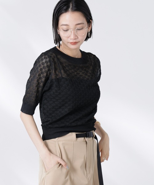 NANO universe（ナノユニバース）の「レース柄クルーネック半袖ニット（ニット/セーター・レディース・ホワイト/グリーン/ブラック・FREE）」の4枚目の写真