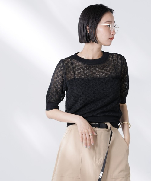 NANO universe（ナノユニバース）の「レース柄クルーネック半袖ニット（ニット/セーター・レディース・ホワイト/グリーン/ブラック・FREE）」の5枚目の写真