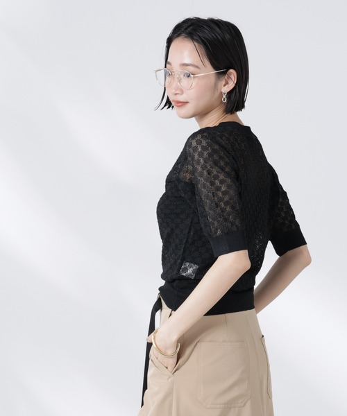 NANO universe（ナノユニバース）の「レース柄クルーネック半袖ニット（ニット/セーター・レディース・ホワイト/グリーン/ブラック・FREE）」の6枚目の写真