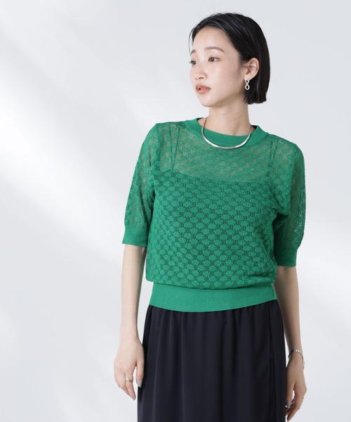 NANO universe（ナノユニバース）の「レース柄クルーネック半袖ニット（ニット/セーター・レディース・ホワイト/グリーン/ブラック・FREE）」の18枚目の写真