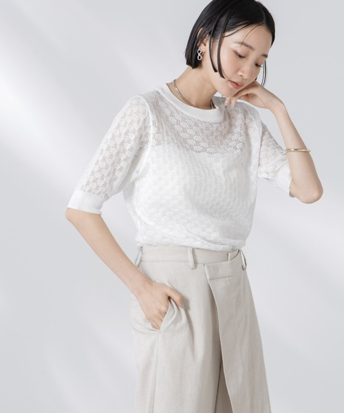 NANO universe（ナノユニバース）の「レース柄クルーネック半袖ニット（ニット/セーター・レディース・ホワイト/グリーン/ブラック・FREE）」の11枚目の写真