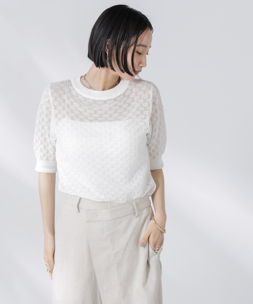 NANO universe（ナノユニバース）の「レース柄クルーネック半袖ニット（ニット/セーター・レディース・ホワイト/グリーン/ブラック・FREE）」の13枚目の写真