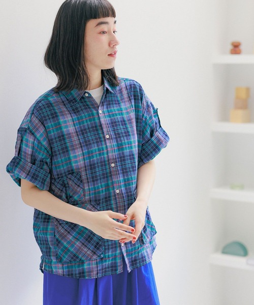 niko and...（ニコアンド）の「リネン混サッカーチェックシャツ（シャツ/ブラウス・レディース・ブルー/アイボリー/ライトブルー/オレンジ/グリーン・MEDIUM/LARGE）」の5枚目の写真