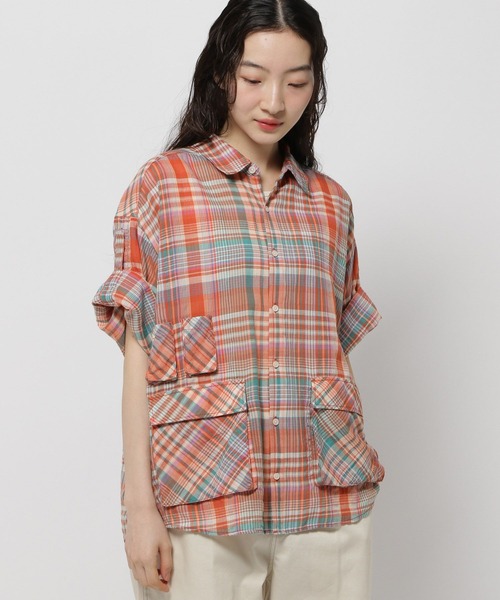 niko and...（ニコアンド）の「リネン混サッカーチェックシャツ（シャツ/ブラウス・レディース・ブルー/アイボリー/ライトブルー/オレンジ/グリーン・MEDIUM/LARGE）」の12枚目の写真