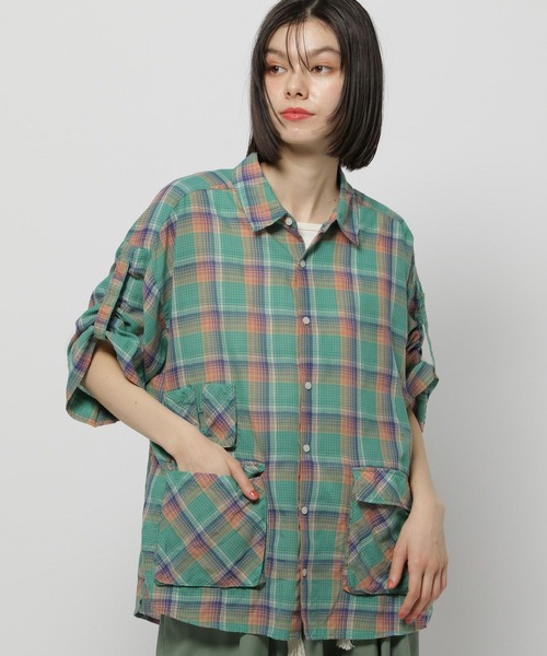 niko and...（ニコアンド）の「リネン混サッカーチェックシャツ（シャツ/ブラウス・レディース・ブルー/アイボリー/ライトブルー/オレンジ/グリーン・MEDIUM/LARGE）」の14枚目の写真