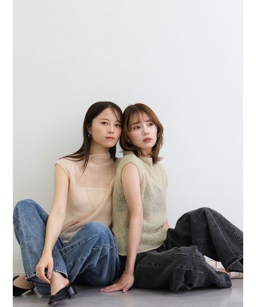 Reurie'（レウリィ）の「オリジナルエアリーシアーニット／original airy sheer knit フレンチスリーブ ノースリーブ シンプル ミニマル きれいめ カジュアル モード 透け感 サマーニット（ニット/セーター・レディース・チャコール/ベージュ/ピンク・FREE）」の14枚目の写真