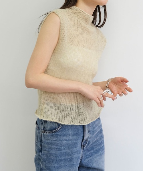 Reurie'（レウリィ）の「オリジナルエアリーシアーニット / フレンチスリーブ ノースリーブ シンプル ミニマル きれいめ カジュアル モード 透け感 サマーニット（ニット/セーター・レディース・チャコール/ベージュ/ピンク/ネイビー・FREE）」の22枚目の写真