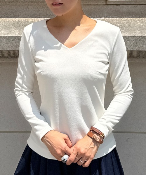 セール】日本製美バストラインVネックカットソー（Tシャツ/カットソー