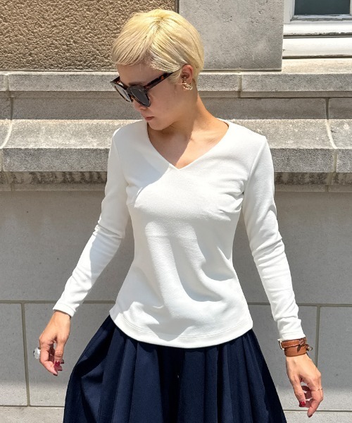 セール】日本製美バストラインVネックカットソー（Tシャツ/カットソー