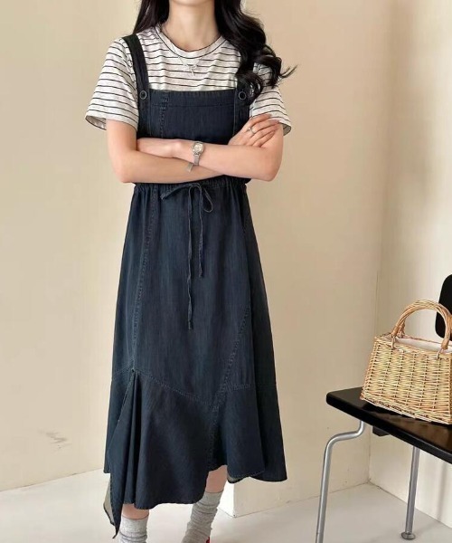 un3d. サスペンダーワンピース デニムサスペンダーワンピース ウエストドローコード