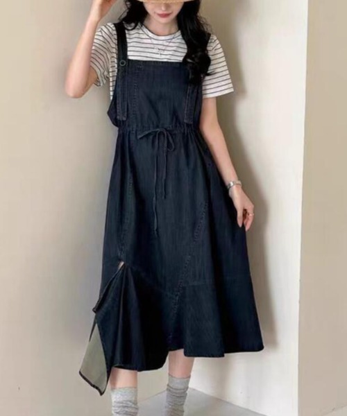 un3d. サスペンダーワンピース デニムサスペンダーワンピース ウエストドローコード