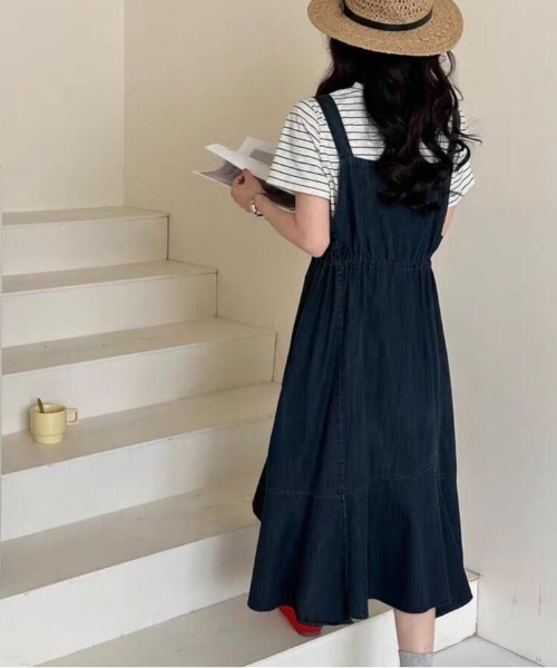 デニムサスペンダーワンピース ウエストドローコード