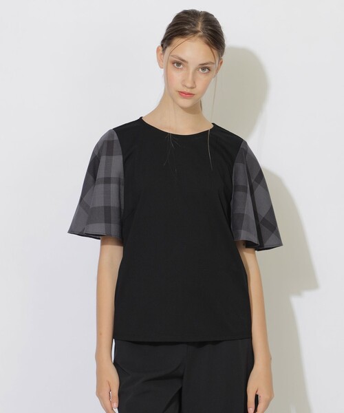 セール】ハーフフレアスリーブチェックTシャツ（Tシャツ/カットソー