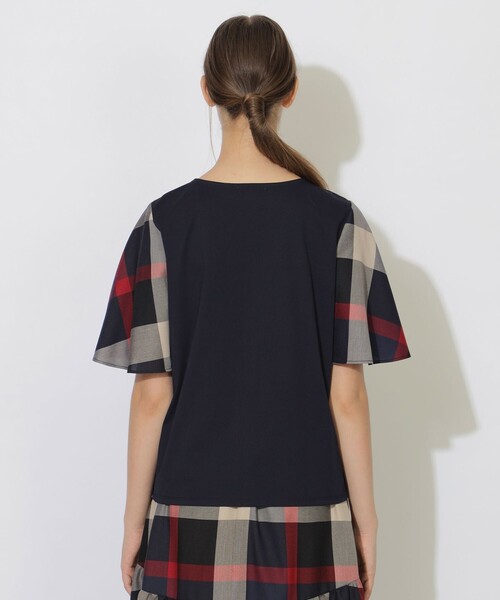 まるフレアスリーブ＊チェック半袖カットソー＊ブルーレーベルクレストブリッジ セール】ハーフフレアスリーブチェックTシャツ（Tシャツ/カットソー