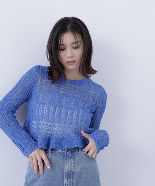 【未使用品】AURALEE メッシュニット ブルー セール】◇クロップドレースメッシュニット（ニット/セーター