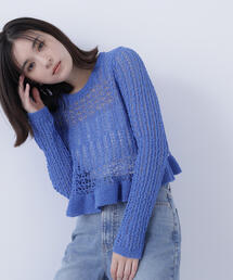SHRIMPS ネイビー フリルニットセーター S ニット/セーター（ブルー・ネイビー/青色系・フリル