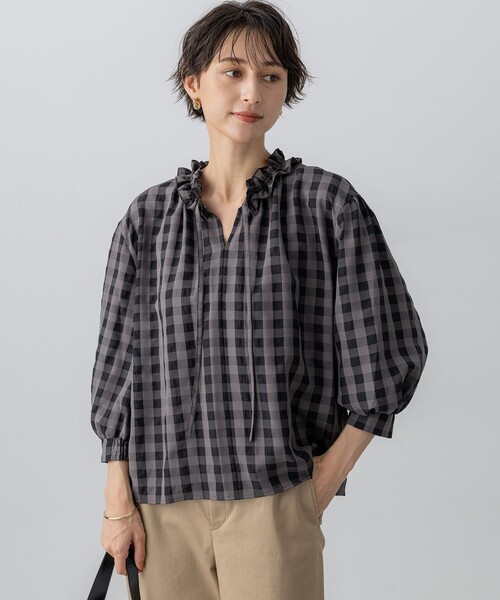 セール】【WEB&一部店舗限定】ブロックチェック フリル ブラウス