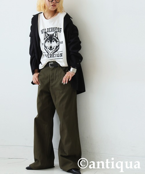 antiqua(アンティカ)の「アニマルカレッジロゴロンT(Tシャツ/カットソー・レディース・ブラック/カーキ/杢グレー/ホワイト/ネイビー・ONESIZE)」の6枚目の写真