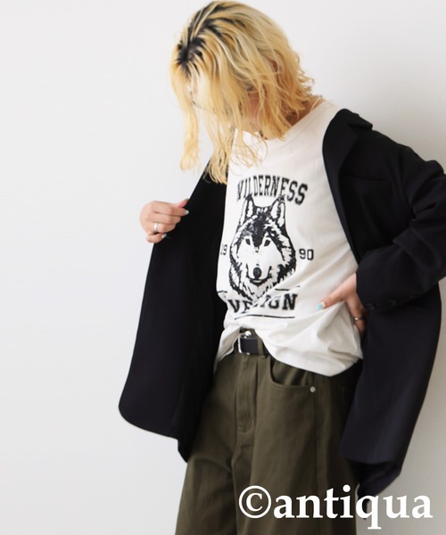 antiqua(アンティカ)の「アニマルカレッジロゴロンT(Tシャツ/カットソー・レディース・ブラック/カーキ/杢グレー/ホワイト/ネイビー・ONESIZE)」の7枚目の写真