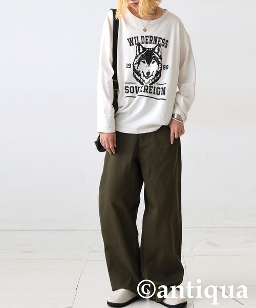 antiqua(アンティカ)の「アニマルカレッジロゴロンT(Tシャツ/カットソー・レディース・ブラック/カーキ/杢グレー/ホワイト/ネイビー・ONESIZE)」の8枚目の写真