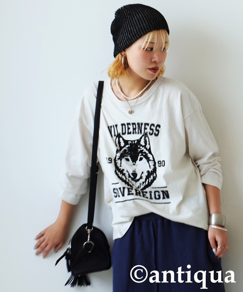 antiqua(アンティカ)の「アニマルカレッジロゴロンT(Tシャツ/カットソー・レディース・ブラック/カーキ/杢グレー/ホワイト/ネイビー・ONESIZE)」の10枚目の写真
