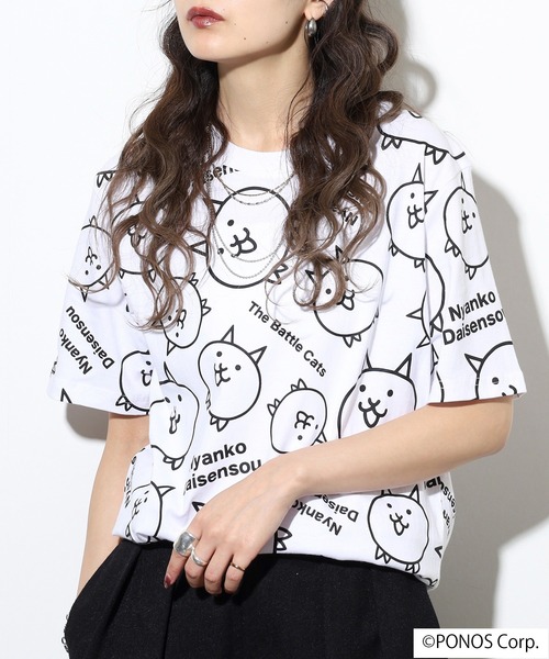 ACE（エース）の「にゃんこ大戦争 半袖 Tシャツ 総柄（Tシャツ/カットソー・メンズ・ホワイト/杢グレー/ネイビー/ブラック・M/LL/L）」の14枚目の写真