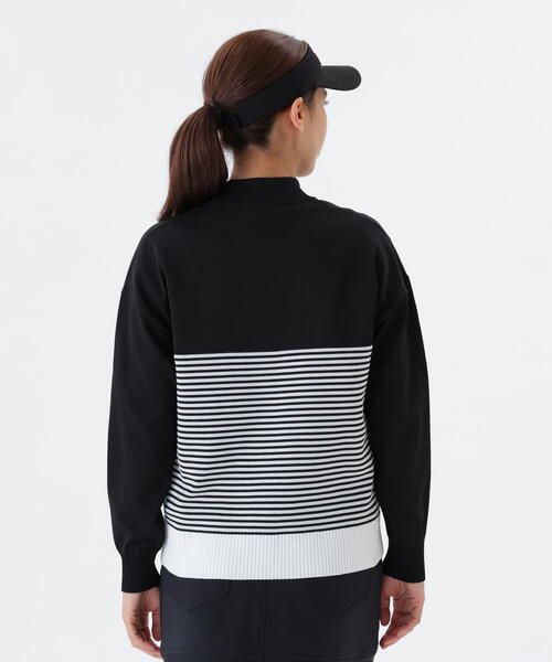 【ブラック】ロゴ×ボーダー ハーフジップ スタンドネック ニット プルオーバー (WOMENS) New Balance Golf｜ロゴ×ボーダー ハーフジップ スタンドネック ニット