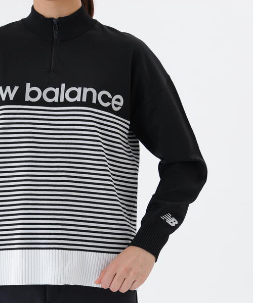 【ブラック】ロゴ×ボーダー ハーフジップ スタンドネック ニット プルオーバー (WOMENS) New Balance Golf｜ロゴ×ボーダー ハーフジップ スタンドネック ニット