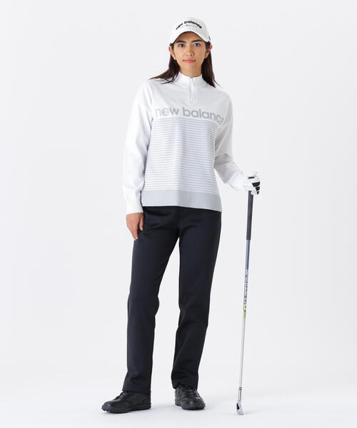【ブラック】ロゴ×ボーダー ハーフジップ スタンドネック ニット プルオーバー (WOMENS) new balance golf】ロゴ×ボーダー ハーフジップ スタンドネック ニット