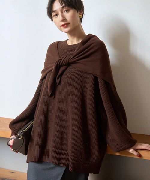 Rouge vif(ルージュヴィフ)の「【ストールセット】ポケット付片畦ニットプルオーバー(ニット/セーター・レディース・ブラウン/ベージュ/ブルー・フリー)」の2枚目の写真
