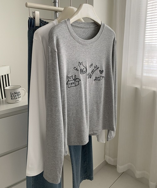 aimoha(アイモハ)の「キャット刺繍ロングスリーブTシャツ(Tシャツ/カットソー・レディース・ブラック/グレー/ホワイト・FREE)」の1枚目の写真