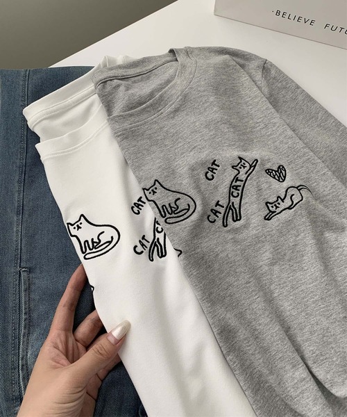 aimoha(アイモハ)の「キャット刺繍ロングスリーブTシャツ(Tシャツ/カットソー・レディース・ブラック/グレー/ホワイト・FREE)」の12枚目の写真