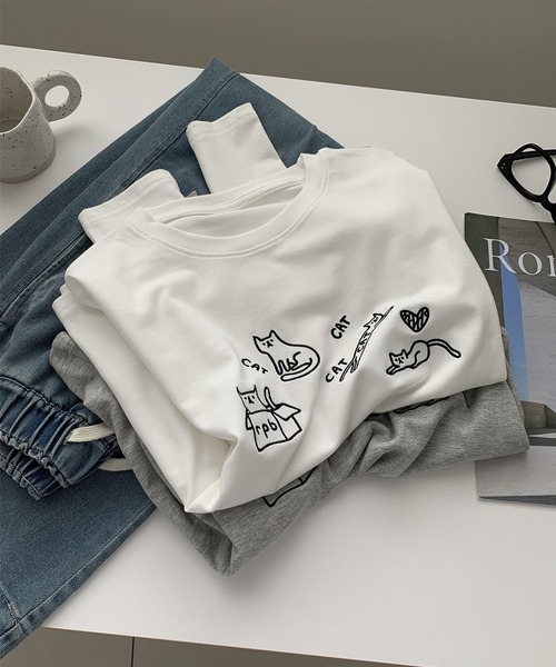 aimoha(アイモハ)の「キャット刺繍ロングスリーブTシャツ(Tシャツ/カットソー・レディース・ブラック/グレー/ホワイト・FREE)」の18枚目の写真