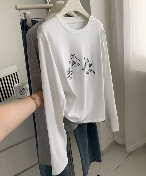 aimoha(アイモハ)の「キャット刺繍ロングスリーブTシャツ(Tシャツ/カットソー・レディース・ブラック/グレー/ホワイト・FREE)」の5枚目の写真