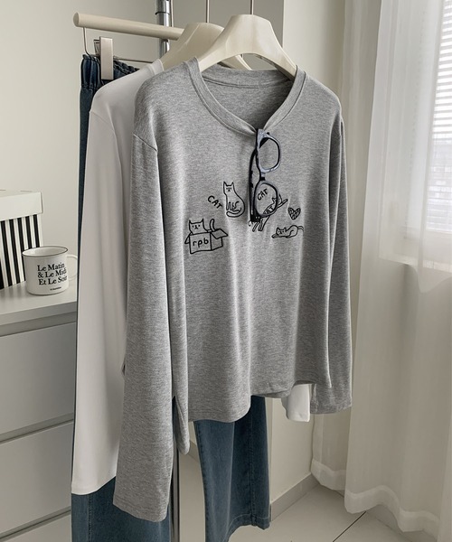 aimoha(アイモハ)の「キャット刺繍ロングスリーブTシャツ(Tシャツ/カットソー・レディース・ブラック/グレー/ホワイト・FREE)」の9枚目の写真