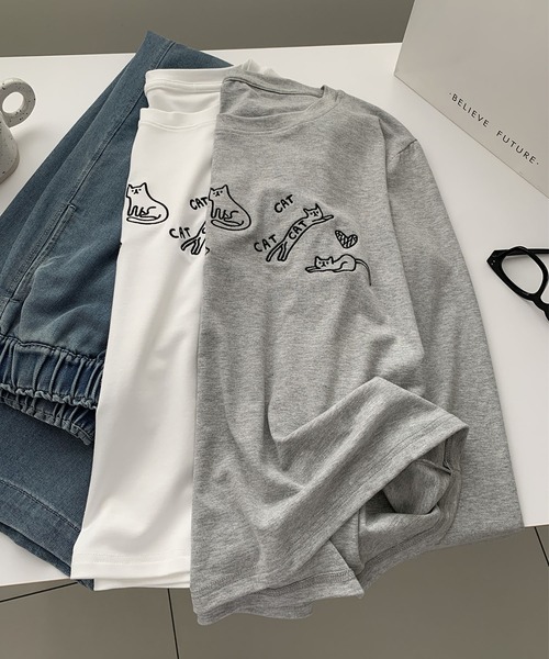 aimoha(アイモハ)の「キャット刺繍ロングスリーブTシャツ(Tシャツ/カットソー・レディース・ブラック/グレー/ホワイト・FREE)」の10枚目の写真