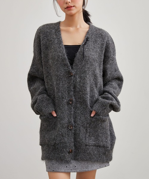 Lace Ladies(レースレディース)の「Vネック ステッチ オーバーサイズ ニット カーディガン(カーディガン/ボレロ・レディース・アイボリー/チャコールグレー/ベージュ/ライトグレー・FREE)」の1枚目の写真