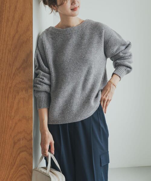 STONE  グレー ニットセーター セール】ハミルトンウール畦ボートネックプルオーバー（ニット