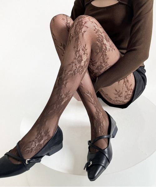 Nia(ニア)の「Nia(ニア)/フラワーレースタイツ ストッキング(タイツ/ストッキング・レディース・ブラウン/ホワイト/ブラック/ワイン・FREE)」の1枚目の写真