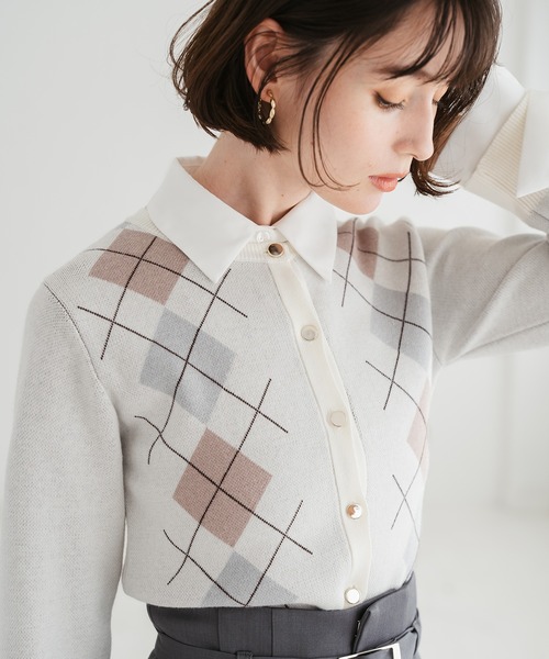 31 Sons de mode（トランテアン　ソン　ドゥ　モード）の「2025秋冬新作 レイヤード襟アーガイルカーディガン（カーディガン/ボレロ・レディース・グレー/ブラウン/アイボリー・ﾌﾘ-）」の21枚目の写真