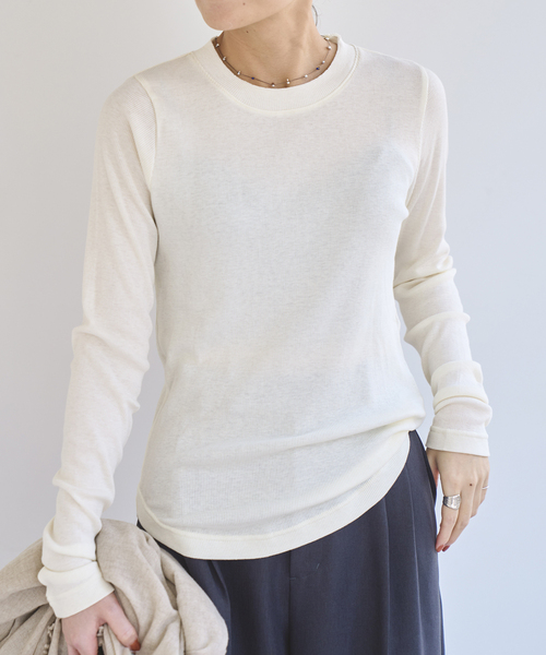 EMILY WEEK(エミリーウィーク)の「《追加》コットンカシミヤテレコクループルオーバー(Tシャツ/カットソー・レディース・ブラウン/オートミール/イエロー・FREE)」の1枚目の写真