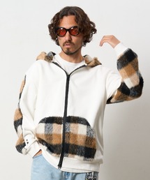 STUD MUFFIN（スタッドマフィン）の「STUD MUFFIN/スタッドマフィン/裏毛パイル&シャギーチェック サガラパッチワーク ビックジップワイドパーカー（パーカー）」