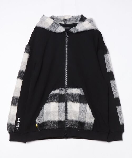 STUD MUFFIN（スタッドマフィン）の「STUD MUFFIN/スタッドマフィン/裏毛パイル&シャギーチェック サガラパッチワーク ビックジップワイドパーカー（パーカー・メンズ・ホワイト/ブラック・3/2/4）」の17枚目の写真