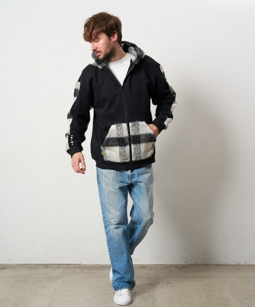 STUD MUFFIN（スタッドマフィン）の「STUD MUFFIN/スタッドマフィン/裏毛パイル&シャギーチェック サガラパッチワーク ビックジップワイドパーカー（パーカー・メンズ・ホワイト/ブラック・3/2/4）」の3枚目の写真