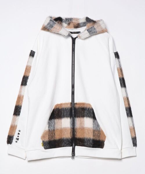 STUD MUFFIN（スタッドマフィン）の「STUD MUFFIN/スタッドマフィン/裏毛パイル&シャギーチェック サガラパッチワーク ビックジップワイドパーカー（パーカー・メンズ・ホワイト/ブラック・3/2/4）」の11枚目の写真