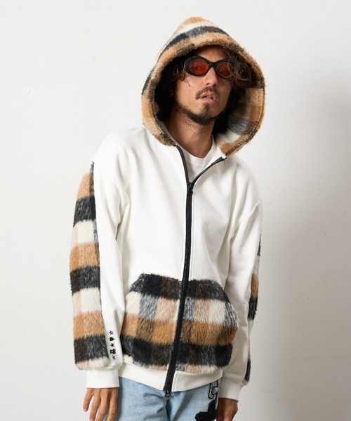 STUD MUFFIN（スタッドマフィン）の「STUD MUFFIN/スタッドマフィン/裏毛パイル&シャギーチェック サガラパッチワーク ビックジップワイドパーカー（パーカー・メンズ・ホワイト/ブラック・3/2/4）」の8枚目の写真