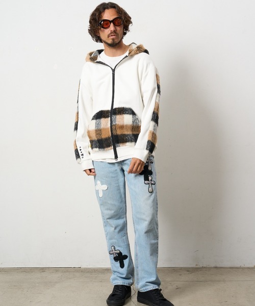 STUD MUFFIN（スタッドマフィン）の「STUD MUFFIN/スタッドマフィン/裏毛パイル&シャギーチェック サガラパッチワーク ビックジップワイドパーカー（パーカー・メンズ・ホワイト/ブラック・3/2/4）」の7枚目の写真