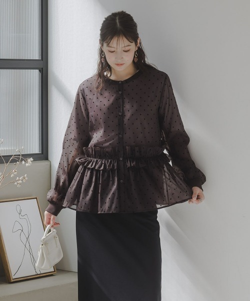 slattgir(スラットジール)の「高身長 シアードットフロッキーブラウス(トールサイズ)Essenave(シャツ/ブラウス・レディース・ブラック/ダークブラウン・TM/TL/TLL/T3L/T4L/T5L)」の14枚目の写真