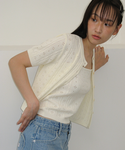 RONRON(ロンロン)の「EYELET BUTTON KNIT CARDIGAN CREAM(カーディガン/ボレロ・レディース・その他・FREE)」の1枚目の写真