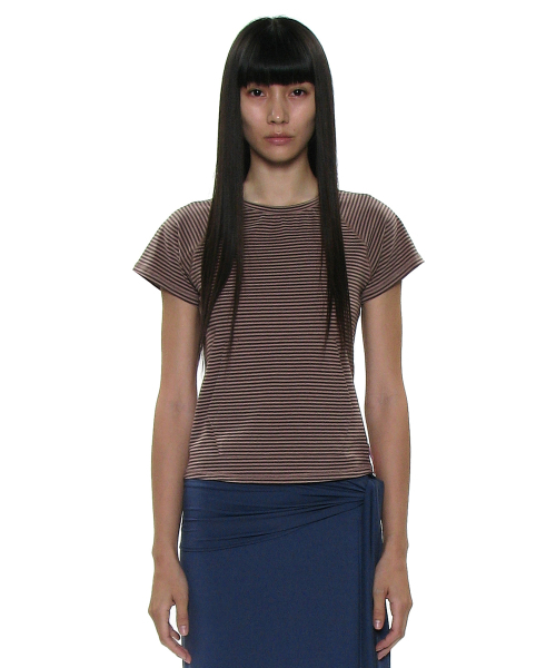 PARTIMENTO WOMEN(パルティメントウィメン)の「PWC ストライプポケットショートスリーブTシャツ_モカ(Tシャツ/カットソー・レディース・その他・SMALL/MEDIUM/LARGE)」の1枚目の写真